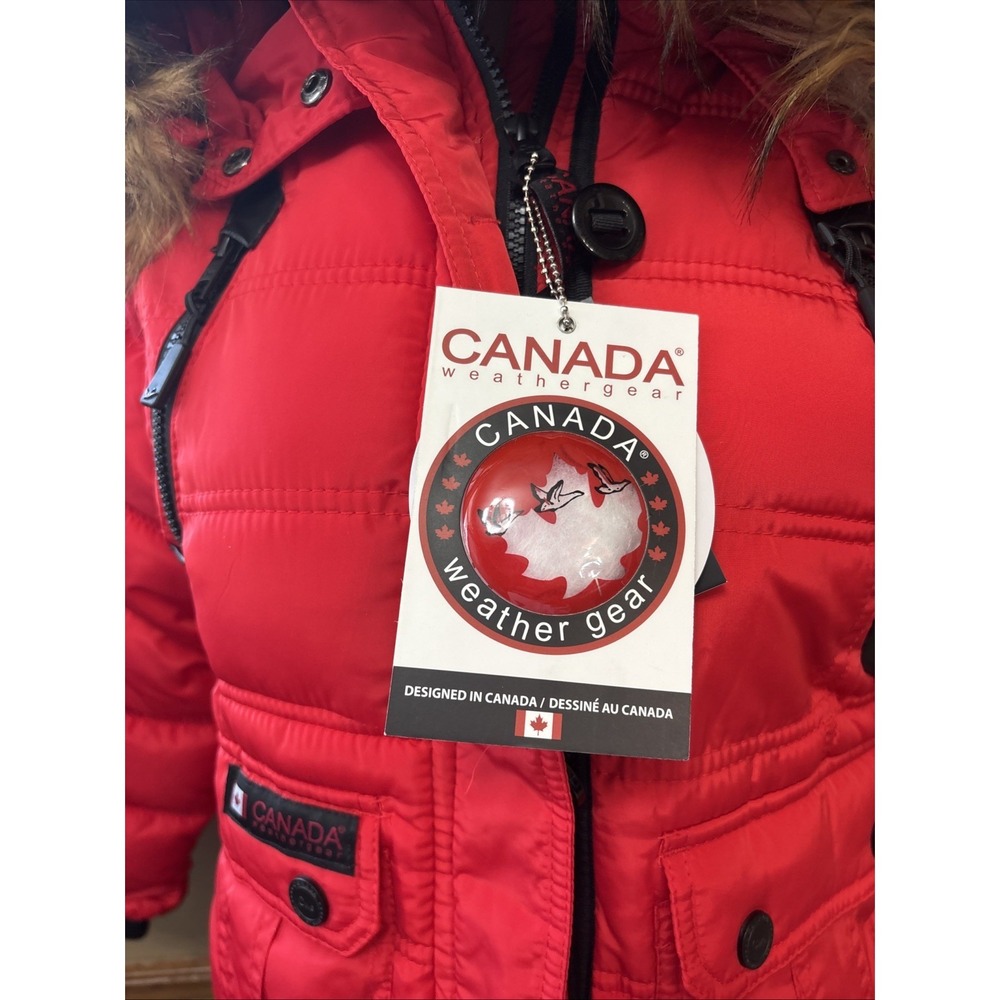 Canada Weathergear Red Long Hooded Puffer Parka Coat Girl Medium 10/12 Faux Fur - Picture 3 of 6